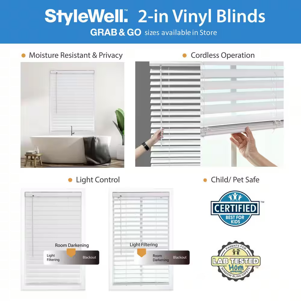 White Cordless Room Darkening Vinyl Blinds with 2 In. Slats – 70 In. W X 64 In.