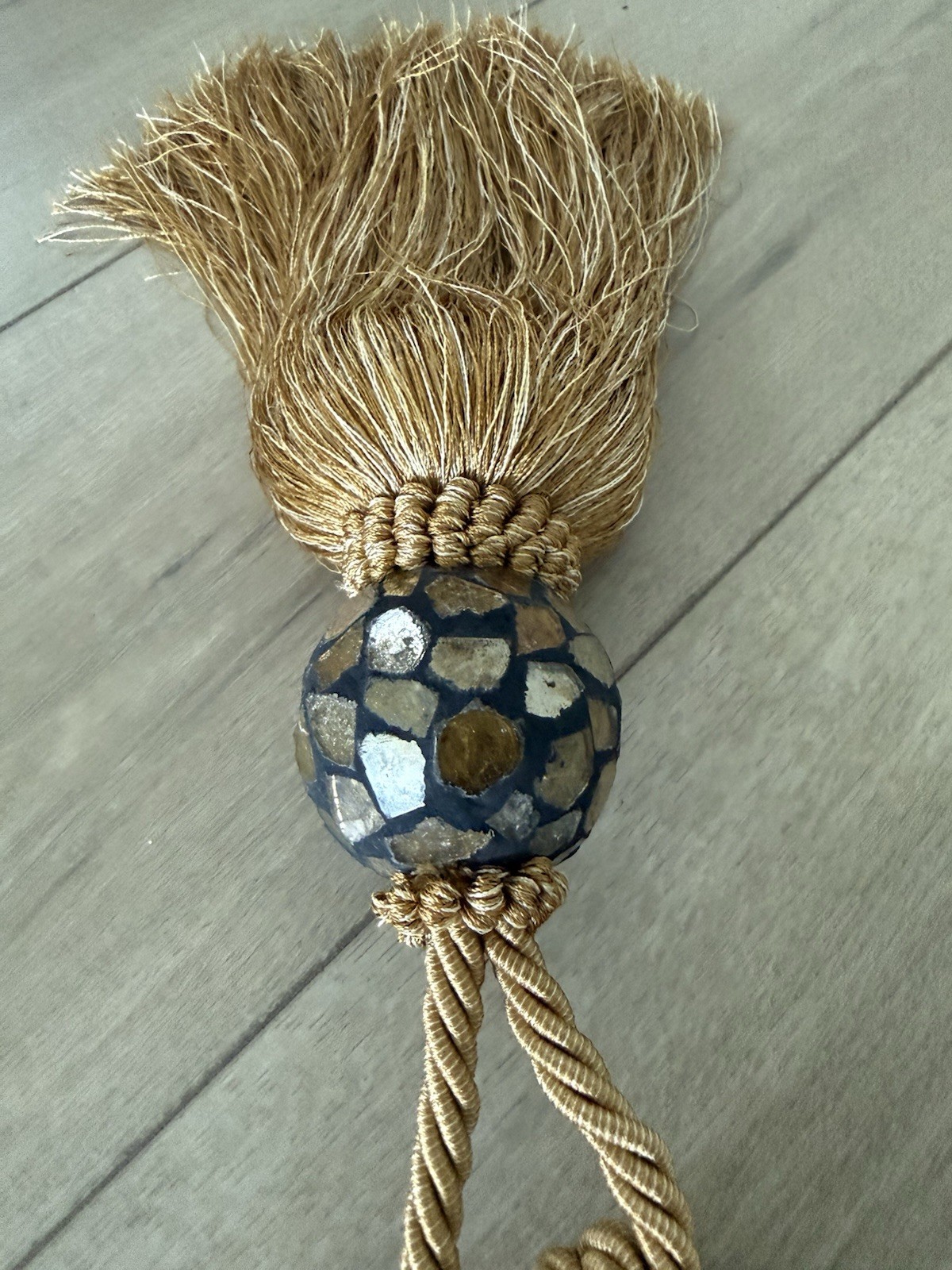 Vintage Decorative Curtain Tieback Gold Tone Rope Tassel with Mosaic Tile Accent