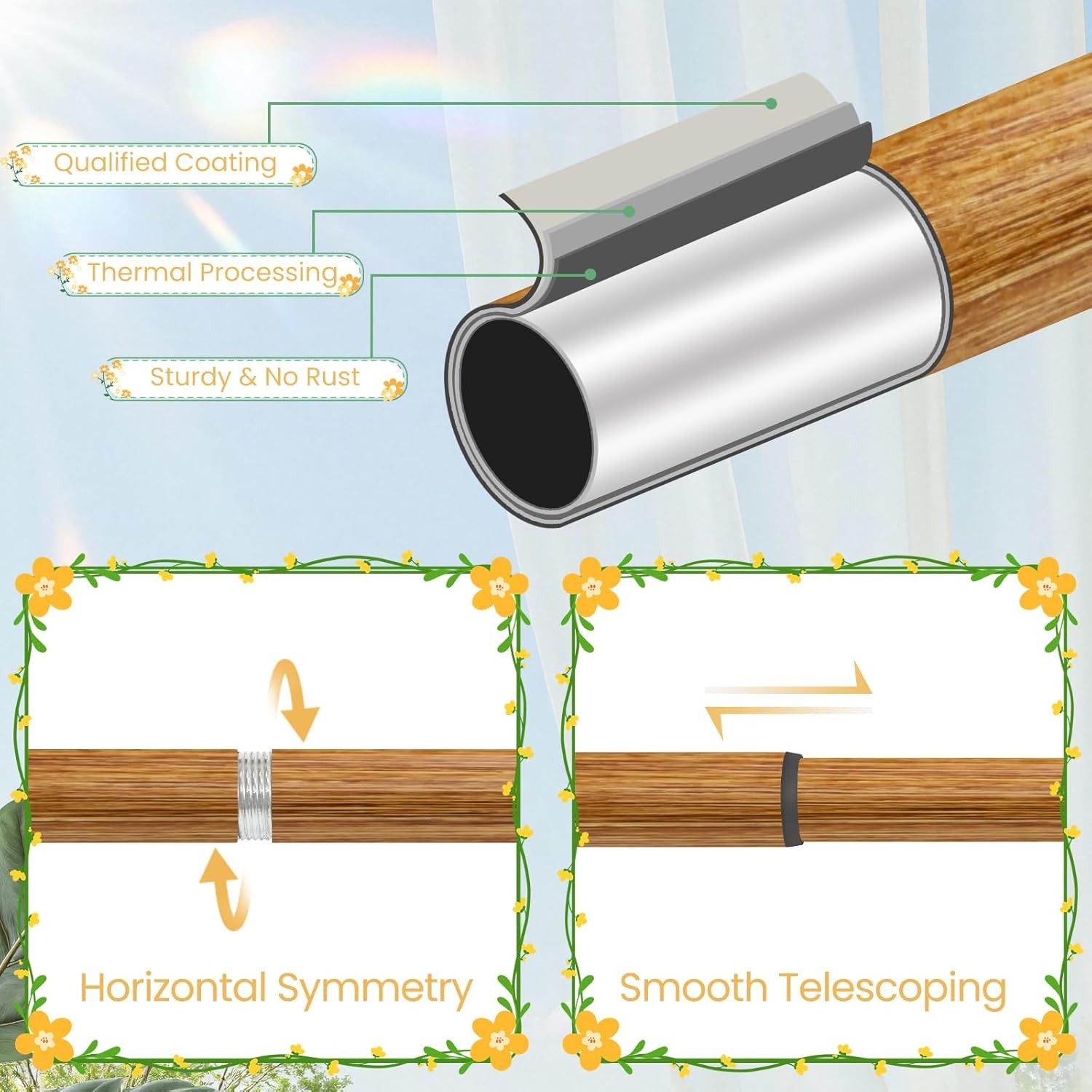 BOHO WOOD DECORATIVE WINDOW CURTAIN RODS Heavy Duty Adjustable 28-48 Inches