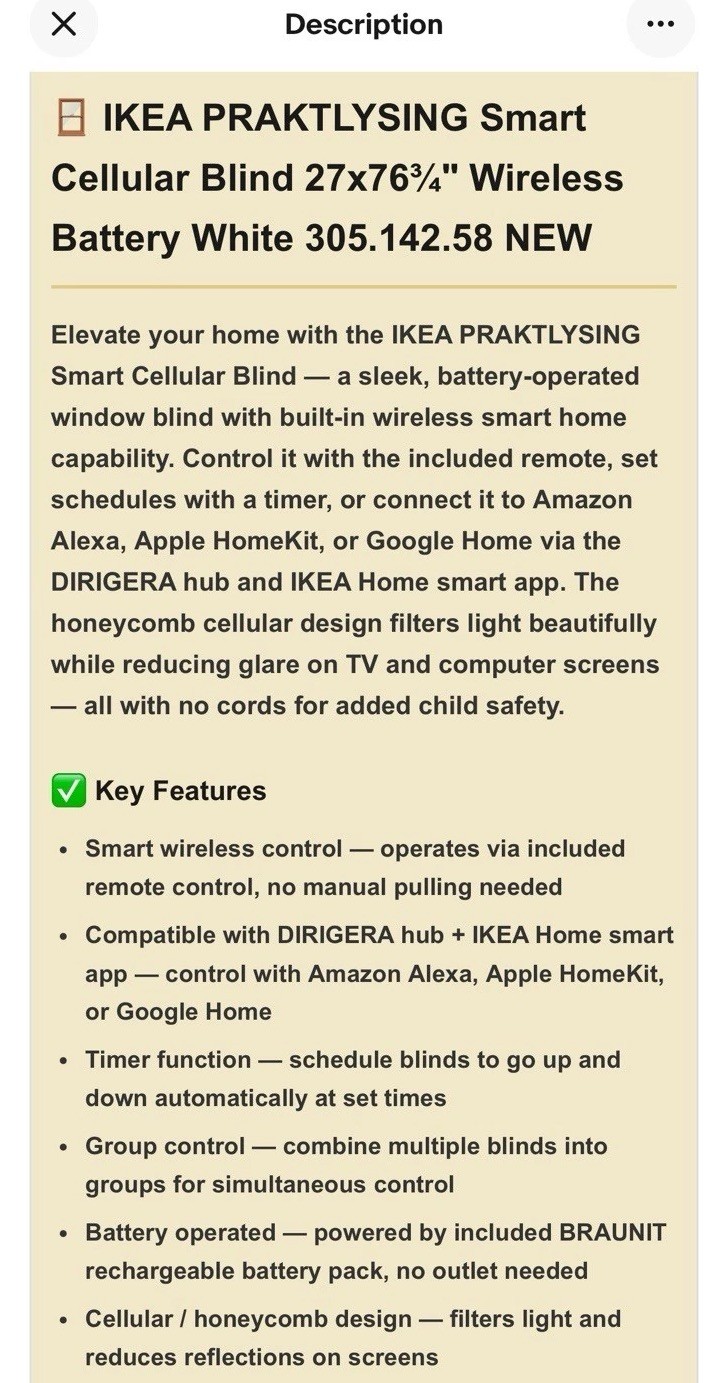 IKEA PRAKTLYSING Smart Cellular Blind 27×76¾” Wireless Battery White-NEW