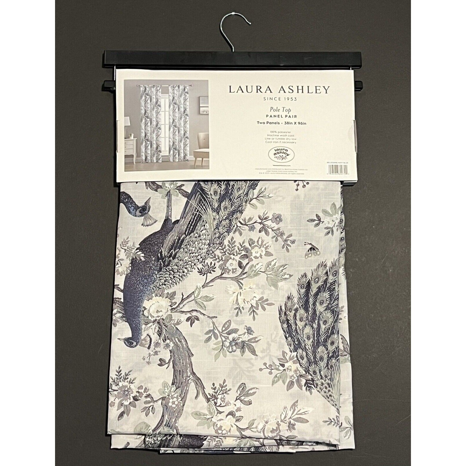 Laura Ashley Belvedere Peacock Curtains 2 Panels Navy Blue Green Ivory 38”x 96”