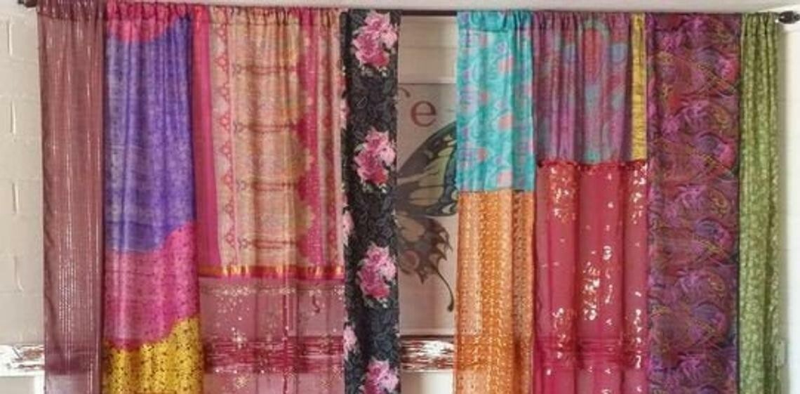 2 Pcs Indian Sari Patchwork Curtain Drape Window Decor Multi Silk Sari Curtain