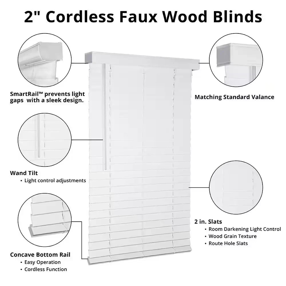Cordless 2″ Signature Faux Wood Blind, 20.5″ W x 60″ H, Embossed White