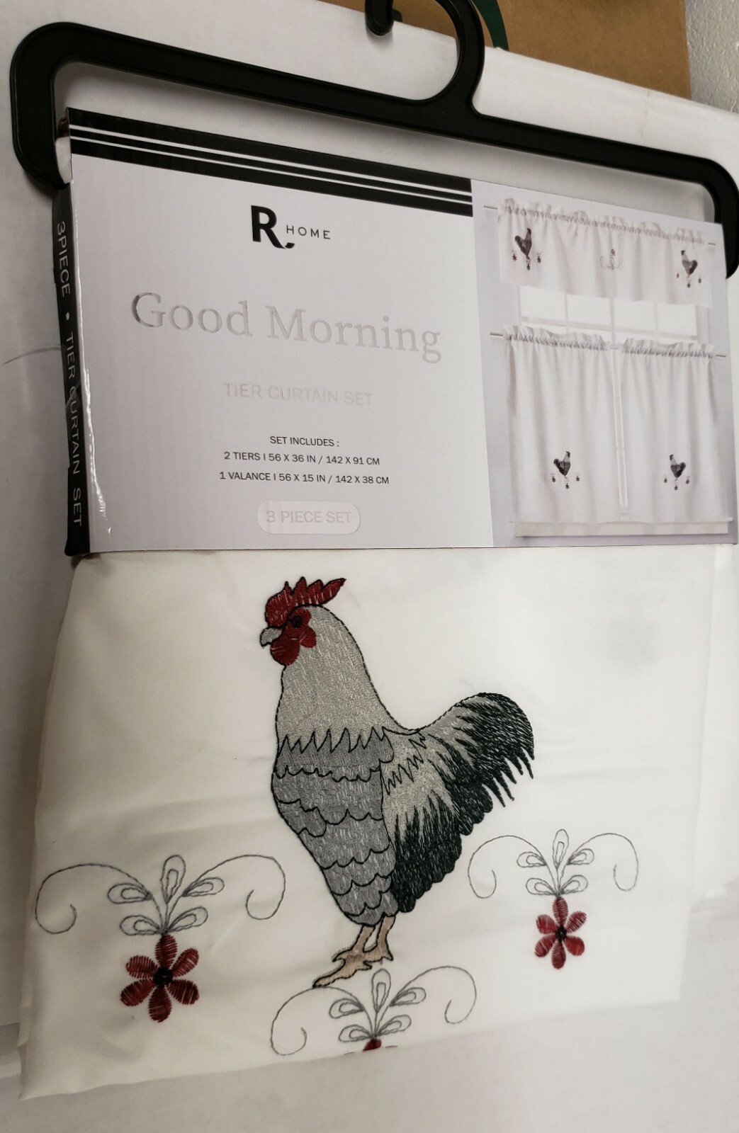 Embroidered Window Curtains Set:2 Tiers 28×36″&Valance 56×15″ MORNING ROOSTER,RH