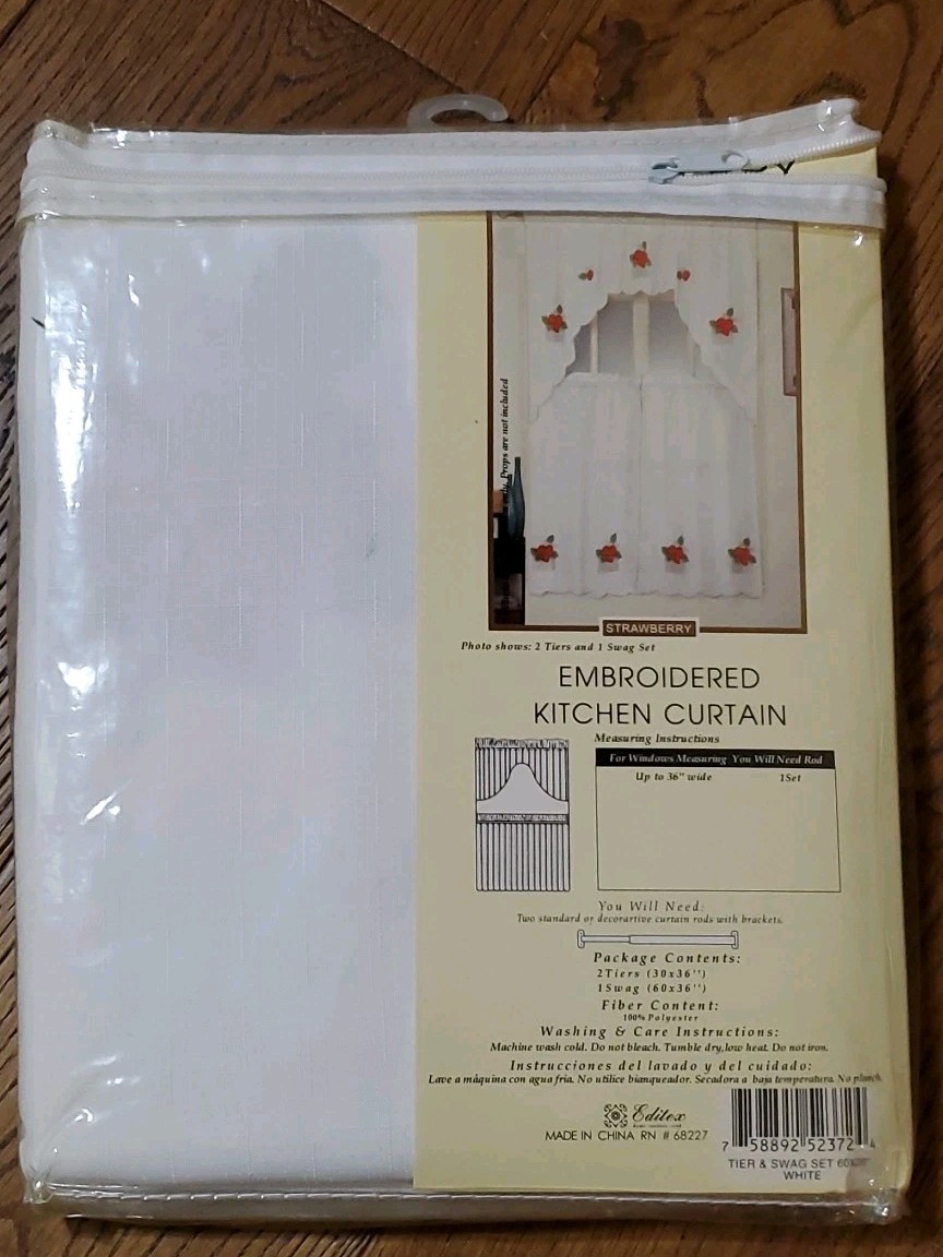 3pc. Embroidered Curtains Set: 2 Tiers & Swag (60″x36″) EDITEX STRAWBERRIES NEW
