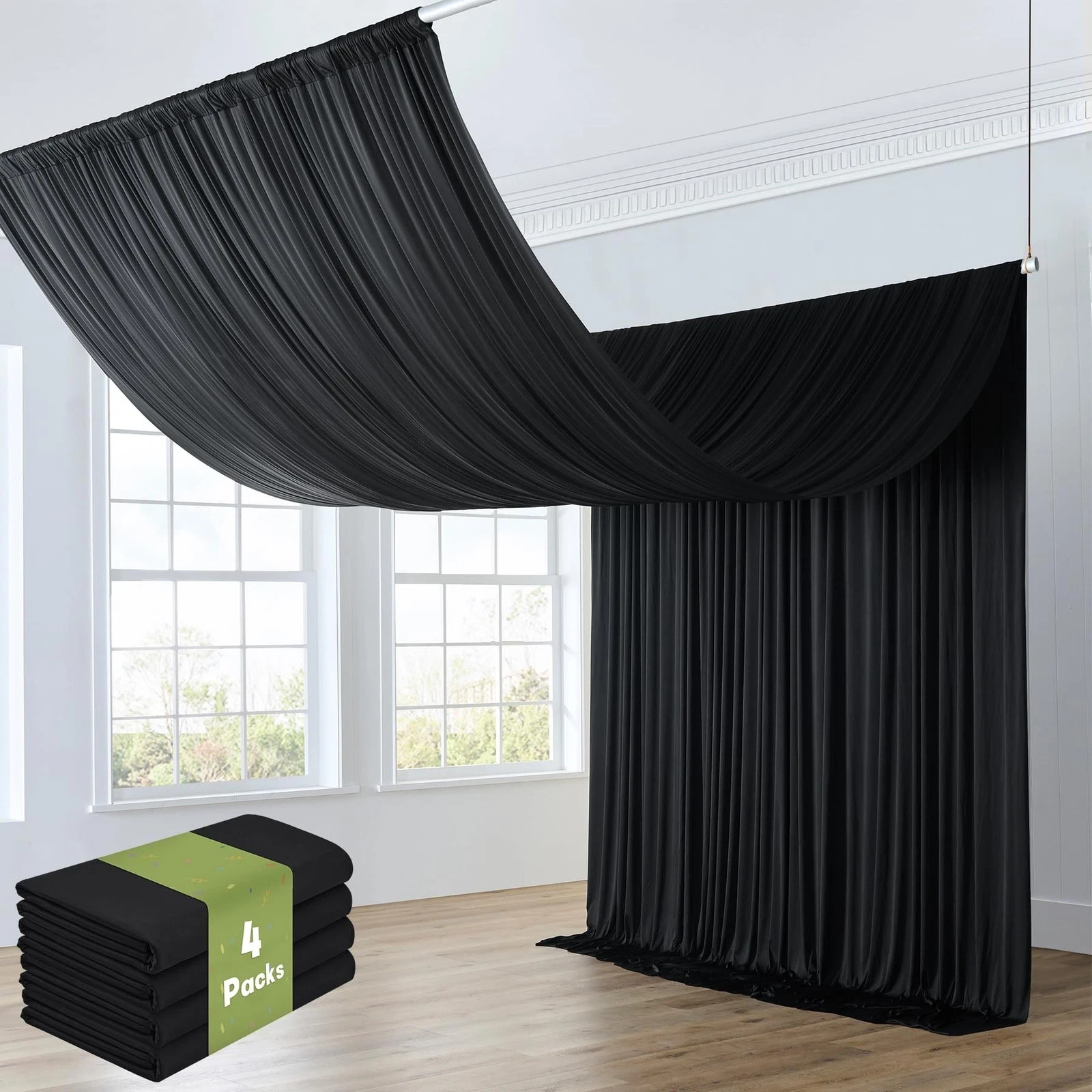 4 Panels 5x20ft Black Ceiling Drapes for Wedding Parties, Wrinkle Free