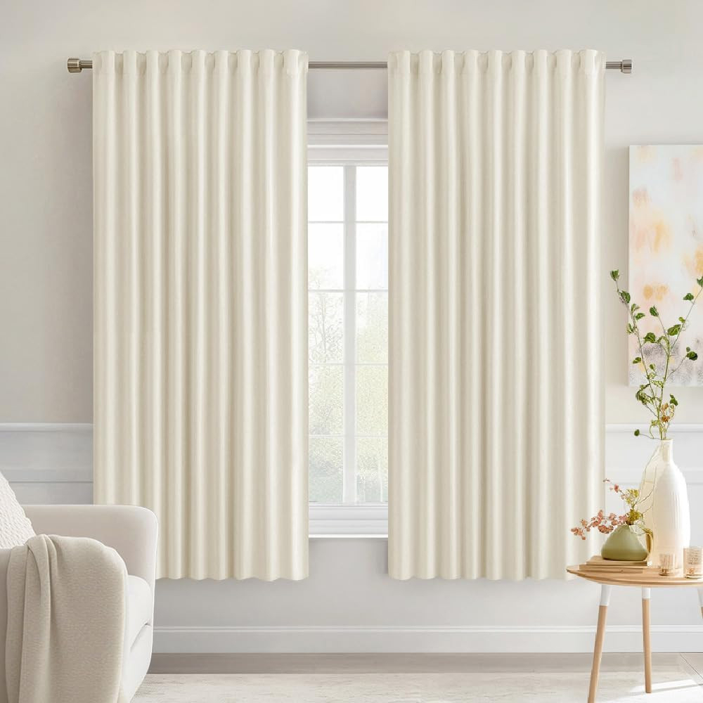 MIULEE Beige White Back Tab Blackout Curtains 63 Inch Length 2 Panels Set for Li