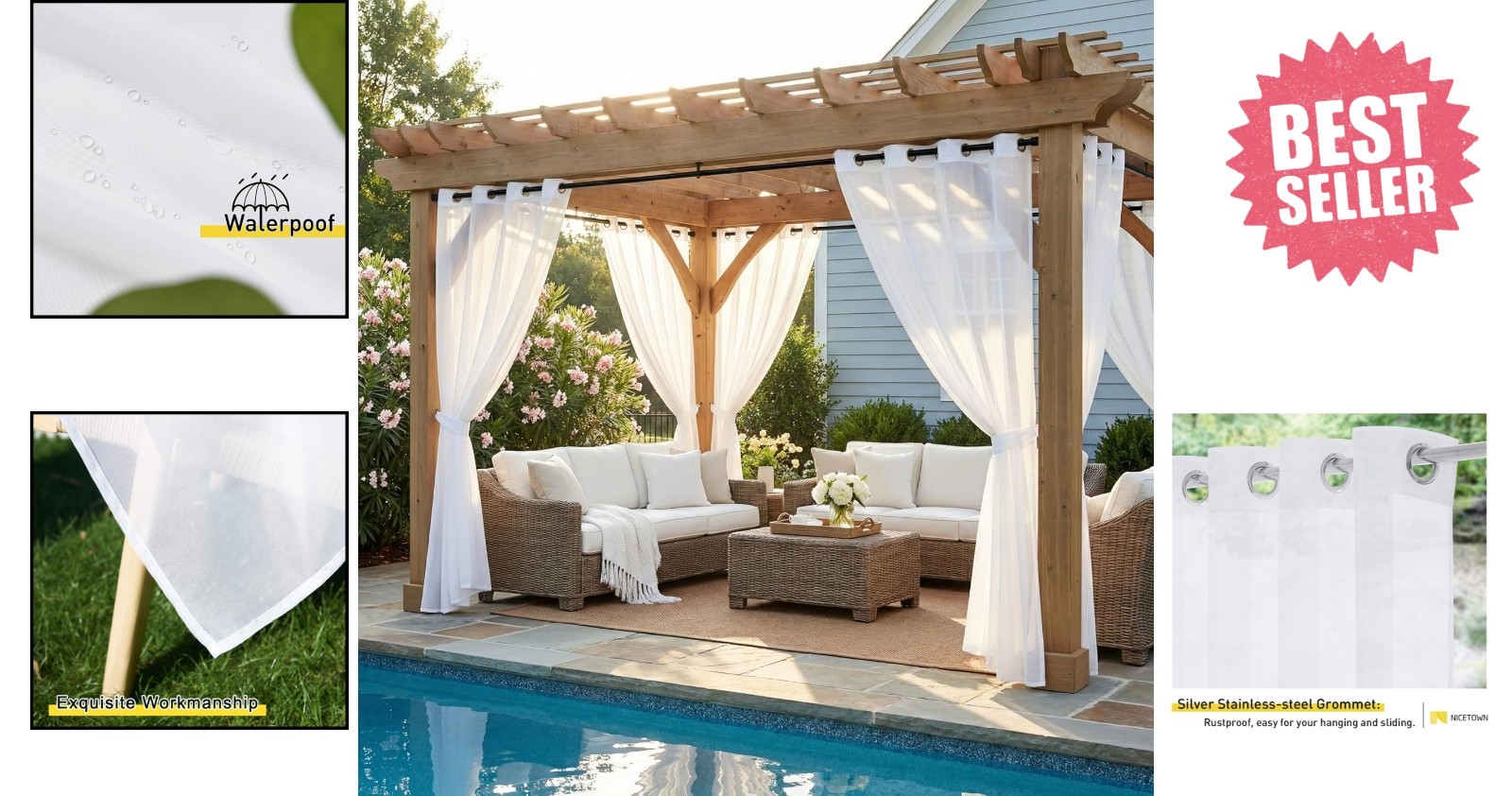 Soft White Sheer Curtain Panels for Living Room & Patio, 54×84 inch, Waterproof