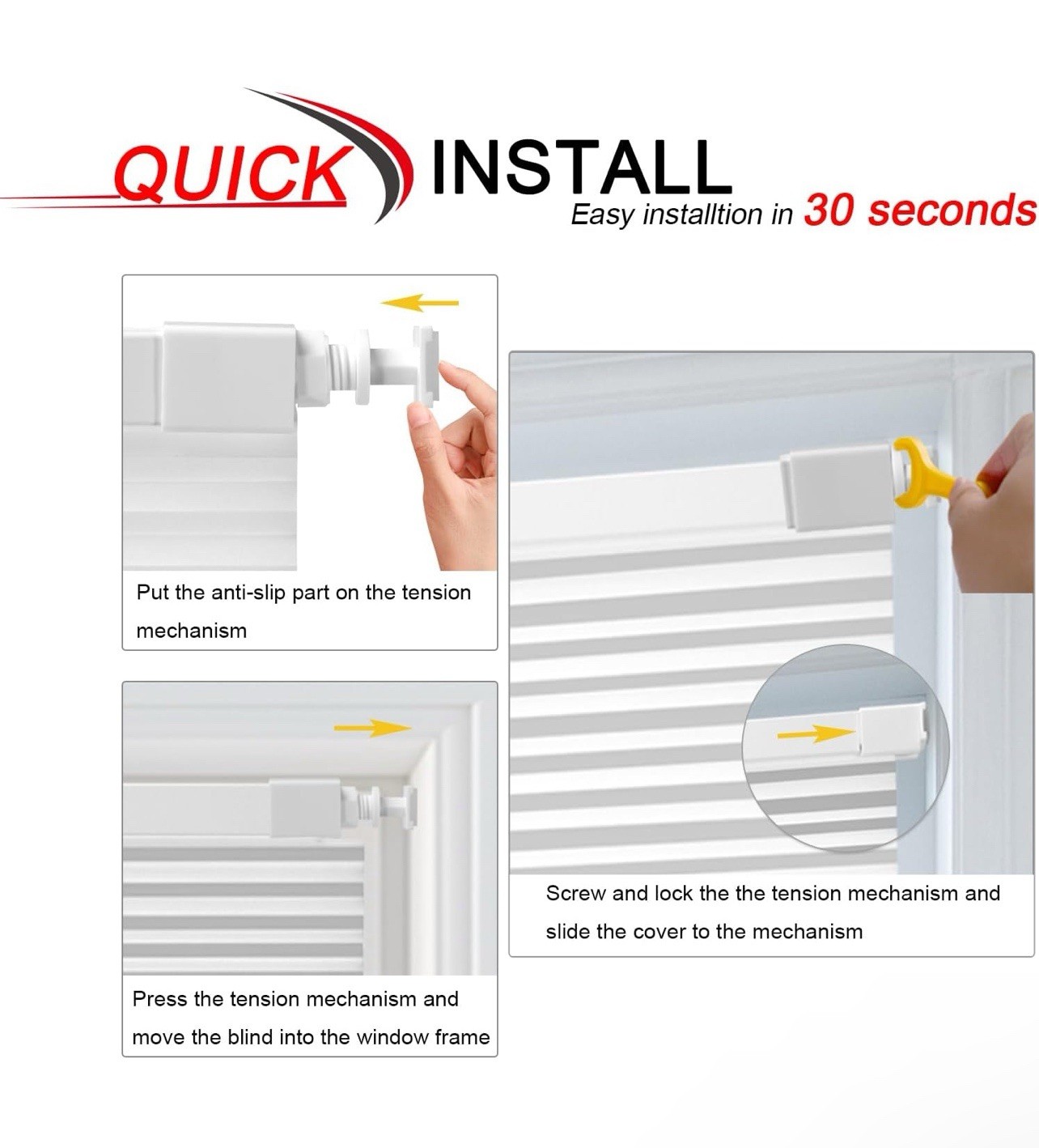 Cordless Cellular Shades,No Drill No Tools Light Filtering Honeyco 32″ W x 48″ H