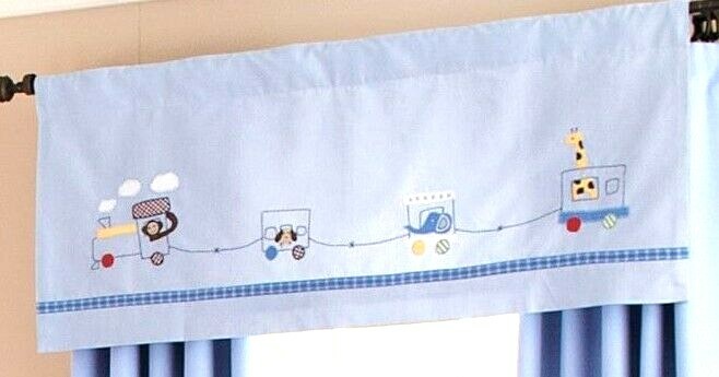 TWO Valances Pottery Barn Baby Kids RYDER CIRCUS TRAIN Blue Animals Stripe 18×44