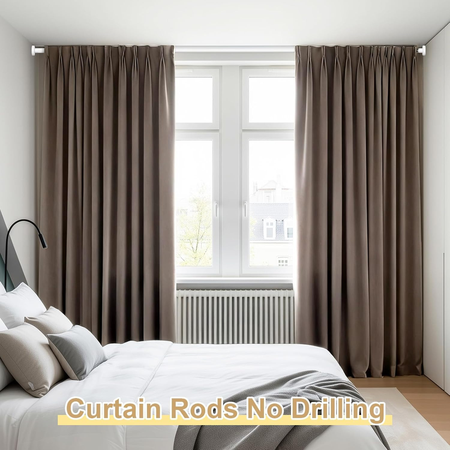 White Tension Curtain Rod 41-126In(4-10Ft), Long Outdoor Curtain Rod No Drilling