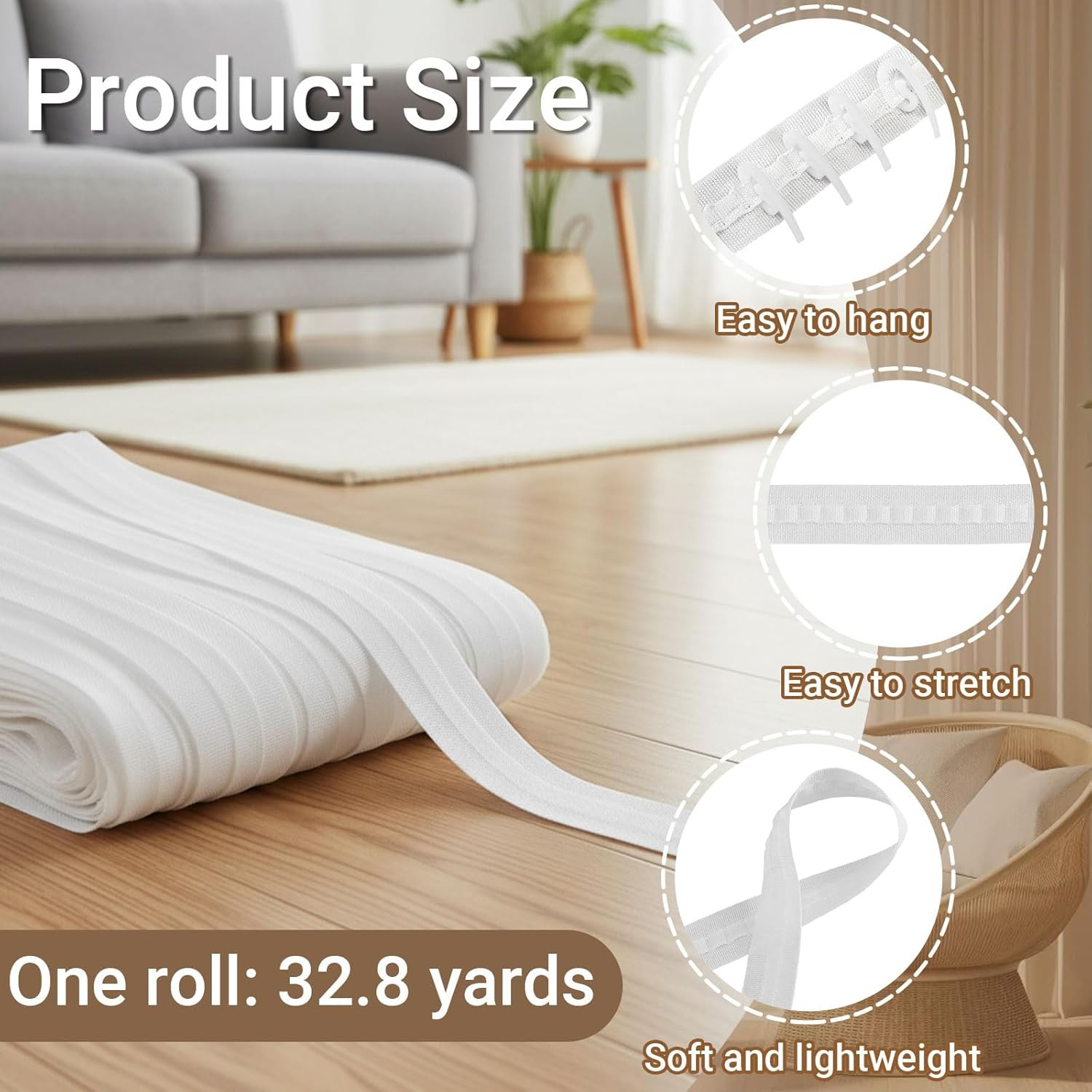 Curtain Pleat Tape 32.8 Yards with 150 Hooks, Pinch Pleat Drapery Tape for DI…