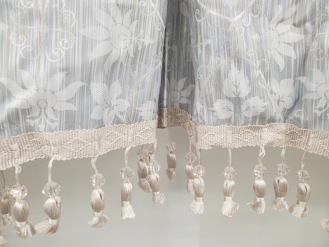 Olympia Silver Blue Pleated Valance with Accent Fringe 40Wx25L NEW VINTAGE