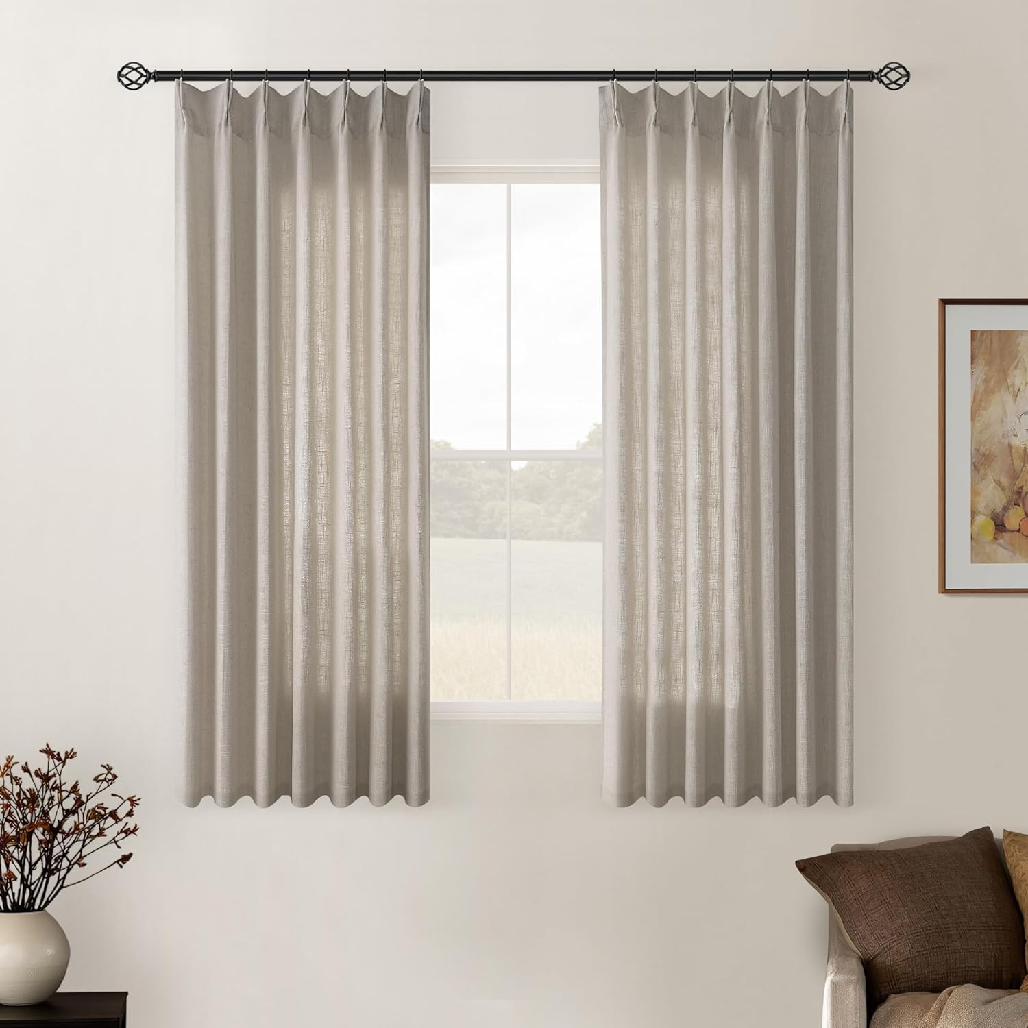 Burlywood Birch Linen Kitchen Curtains 45″ Semi-Sheer Boho Back Tab Drapes