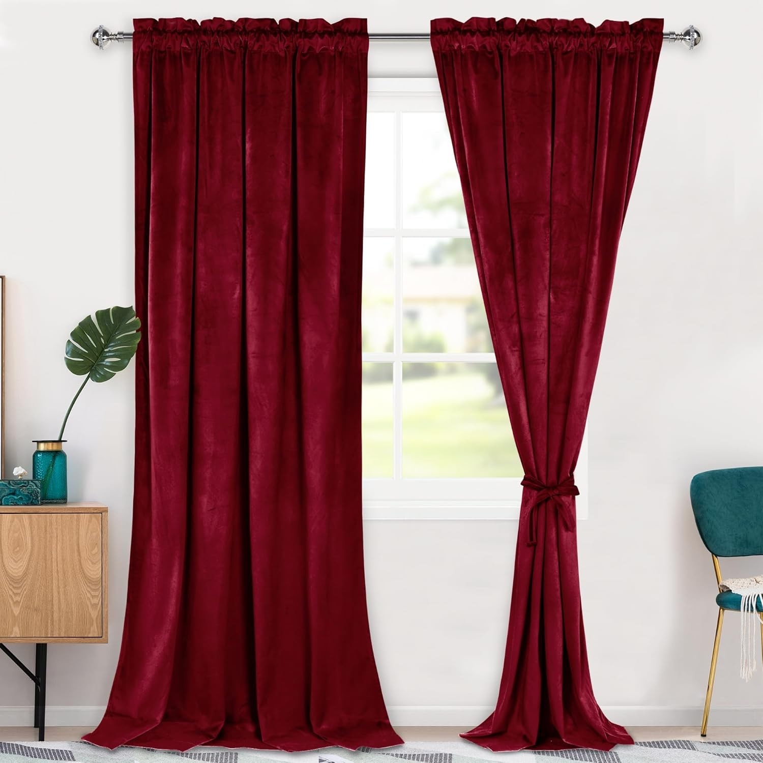 96 inches,Red Velvet Curtains,Blackout Thermal Insulated Solid Soft,Bedroom Li..
