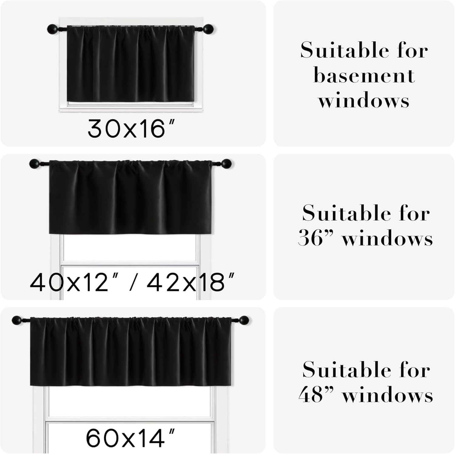 Basement Window Curtains 16 Inch 30"W x 16"L (Pack of 2), Black