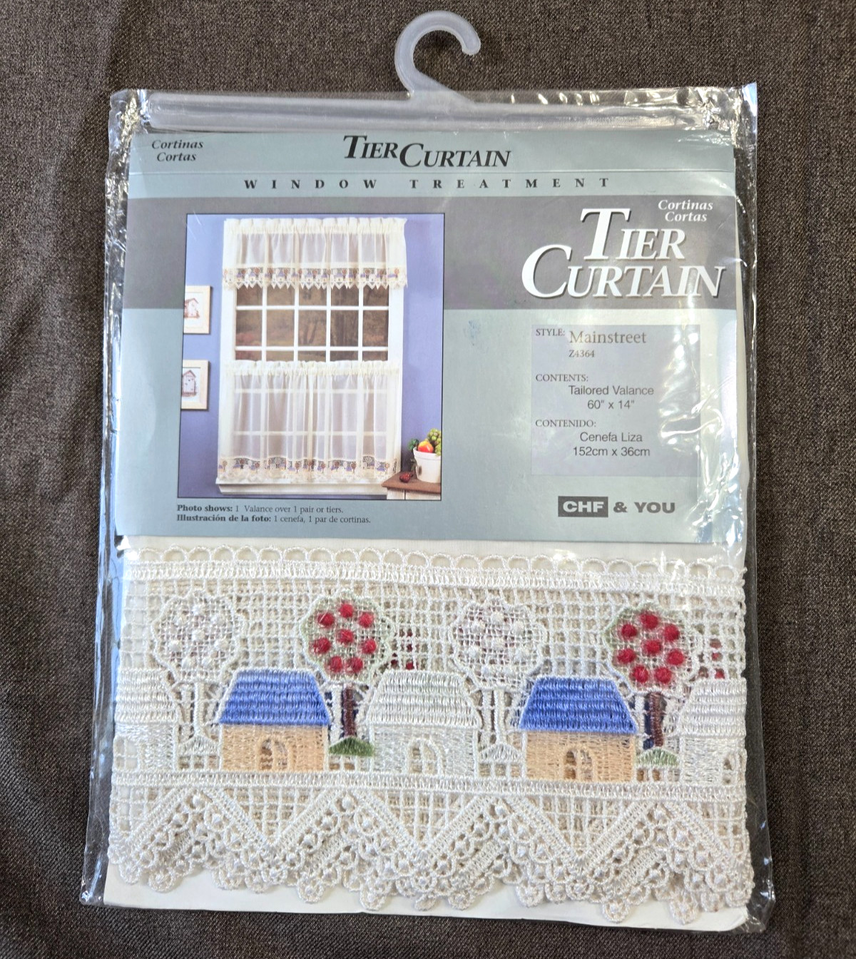 Vtg CHF & You Mainstreet Lace window Valance 60×14 Cottage Core House Tree NIP