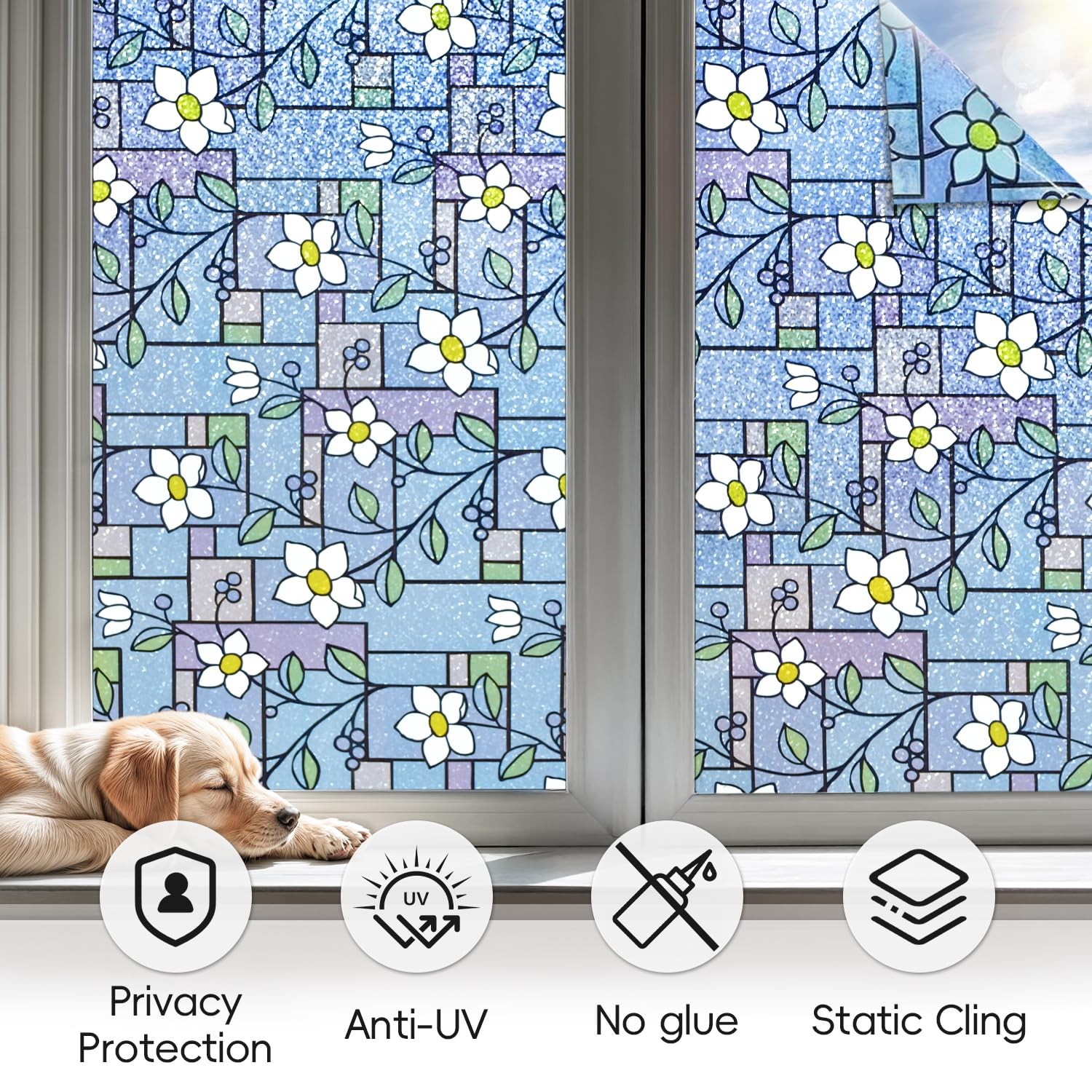 DUOFIRE Stained Glass Window Film Color Flower 17.4 x 78.7 inches, Dp003-1