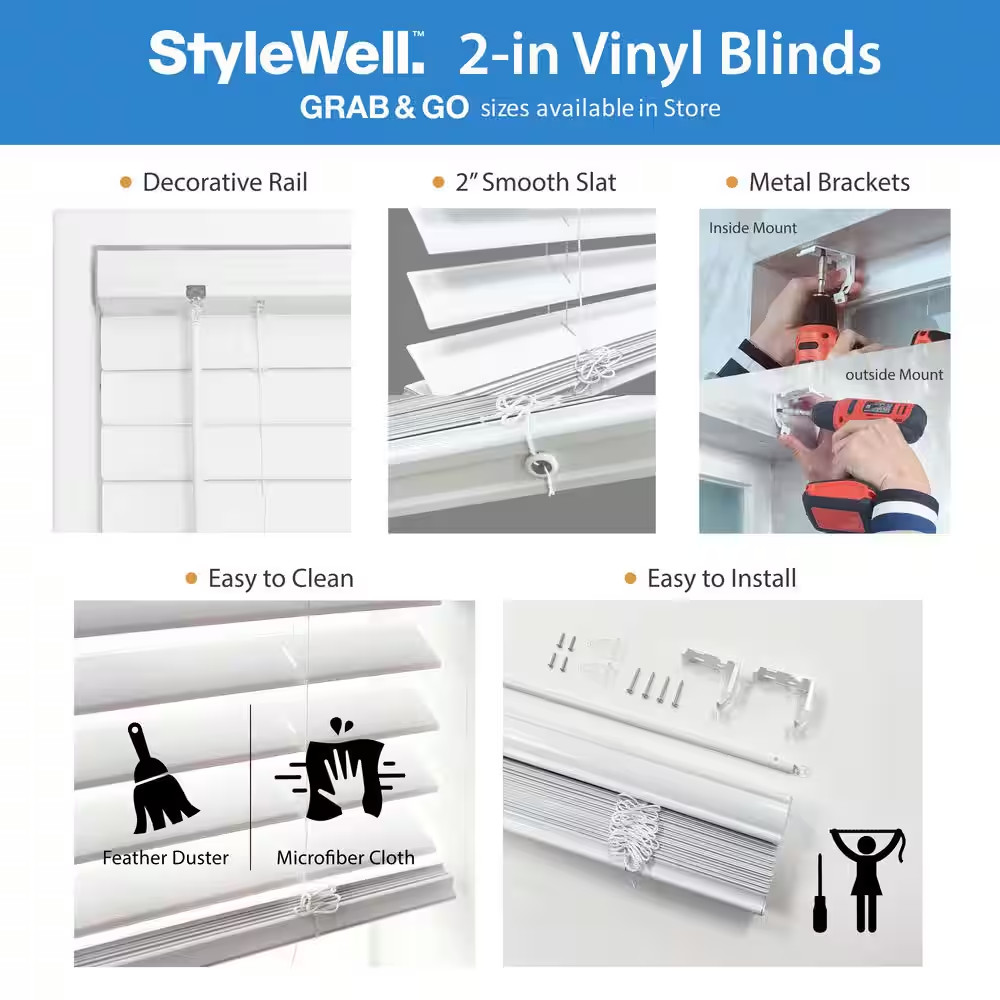 White Cordless Room Darkening Vinyl Blinds with 2 In. Slats – 36 In. W X 64 In.