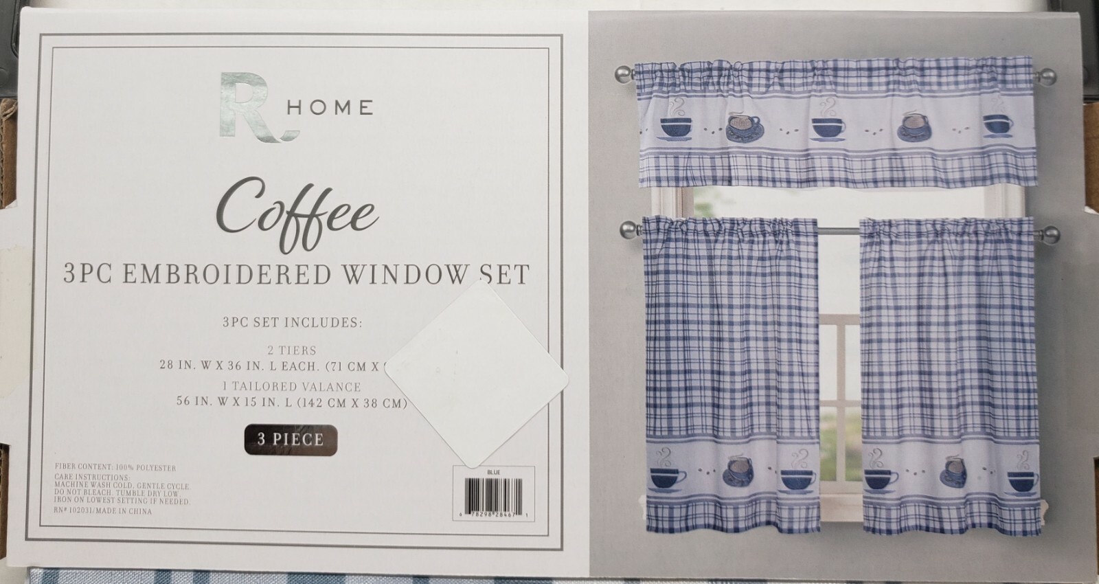 Embroidered Kitchen Window Curtains Set:2 Tiers & Valance(56×15″) COFFEE CUPS,RH