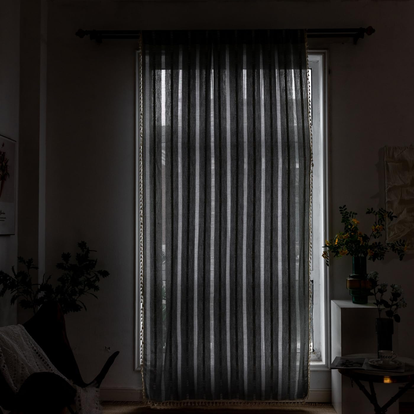 Boho Linen Curtains Set – 63″ 84″ 96″ Light Filtering Embroidery, Blue
