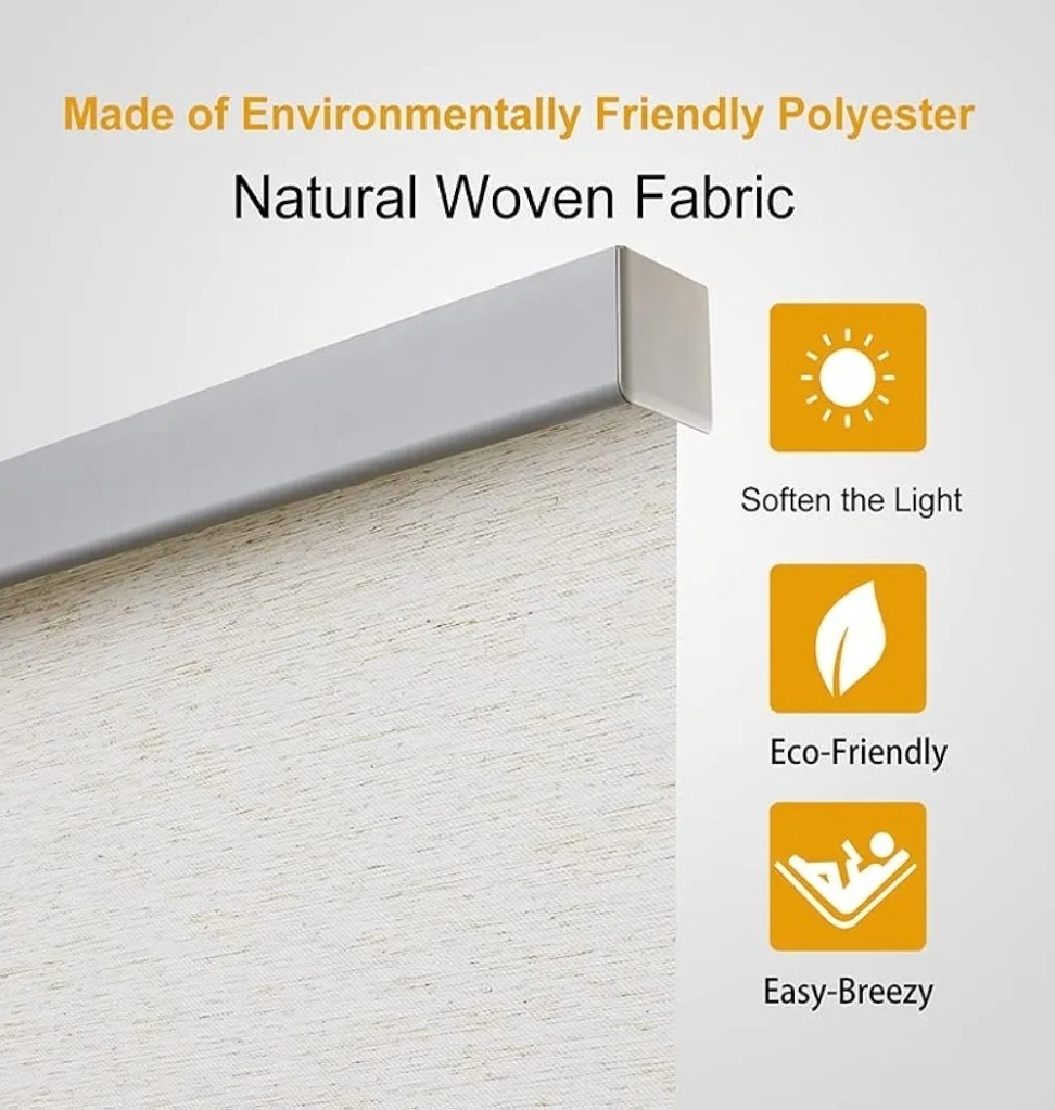 Freestop Cordless Roller Shades For Windows, Cream, 24″w X 72″h Natural Woven