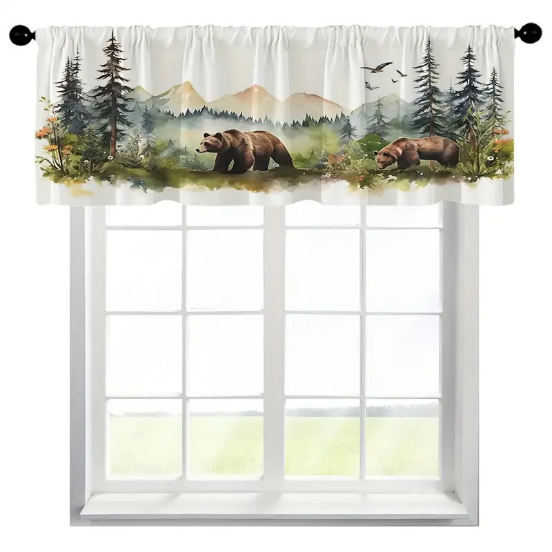 Brown Bears Forestry Mountain Wildlife Window Valance, Modern Rustic,52″ x 18″