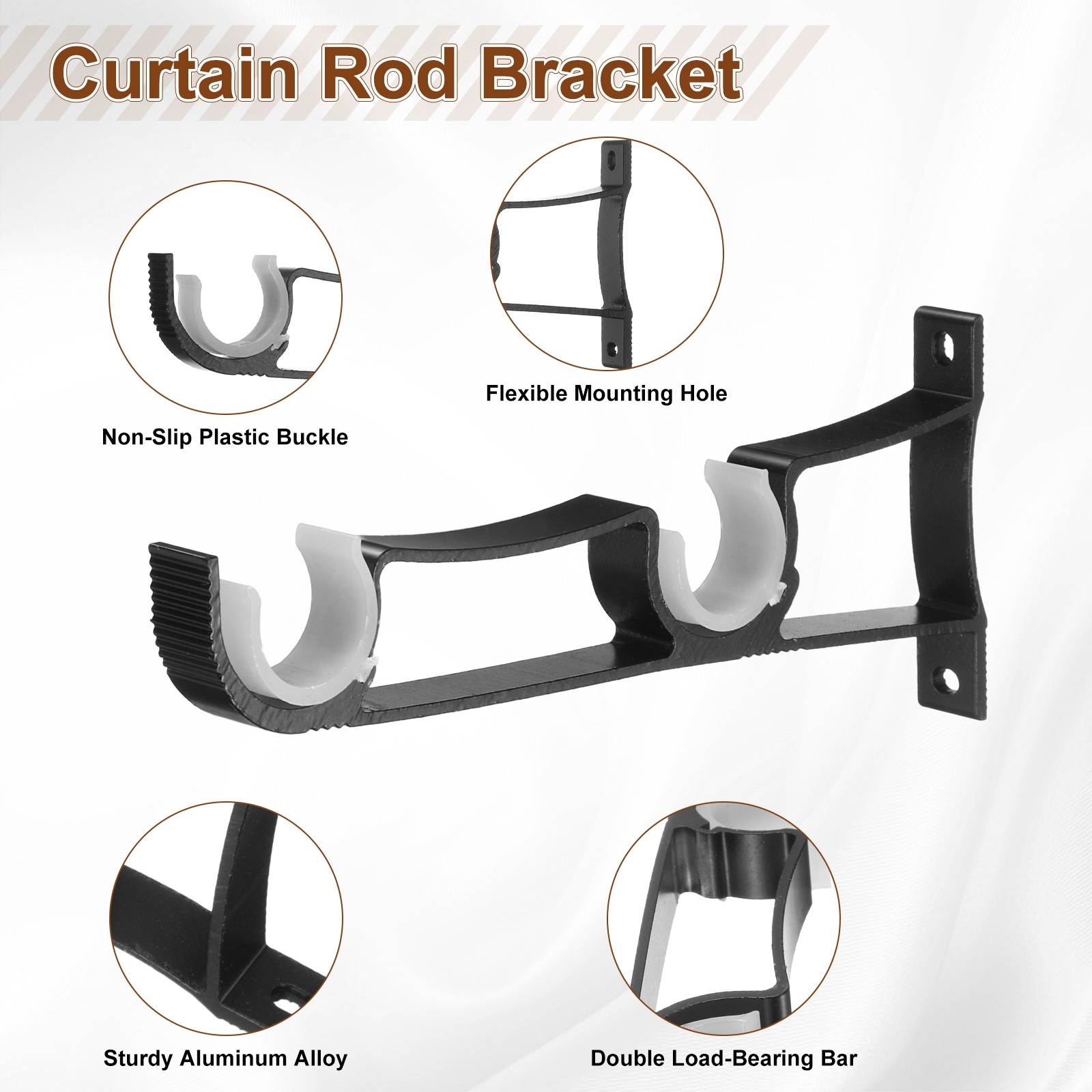 6Pcs Curtain Rod Brackets 210mm Double Drapery Holders for 1″ Rod Black