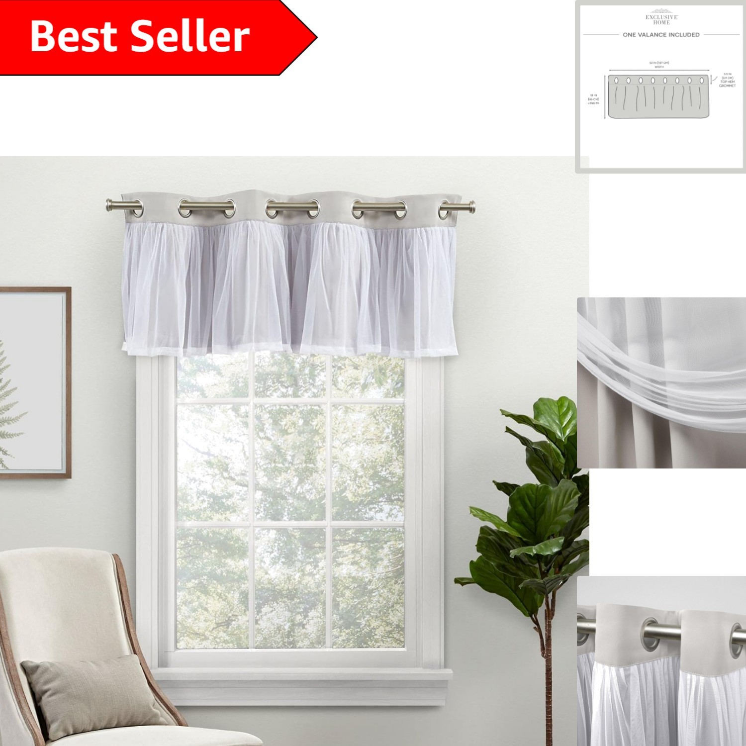 Catarina Layered Blackout & Sheer Grommet Valance 52″x18″ – Cloud Grey Elegance