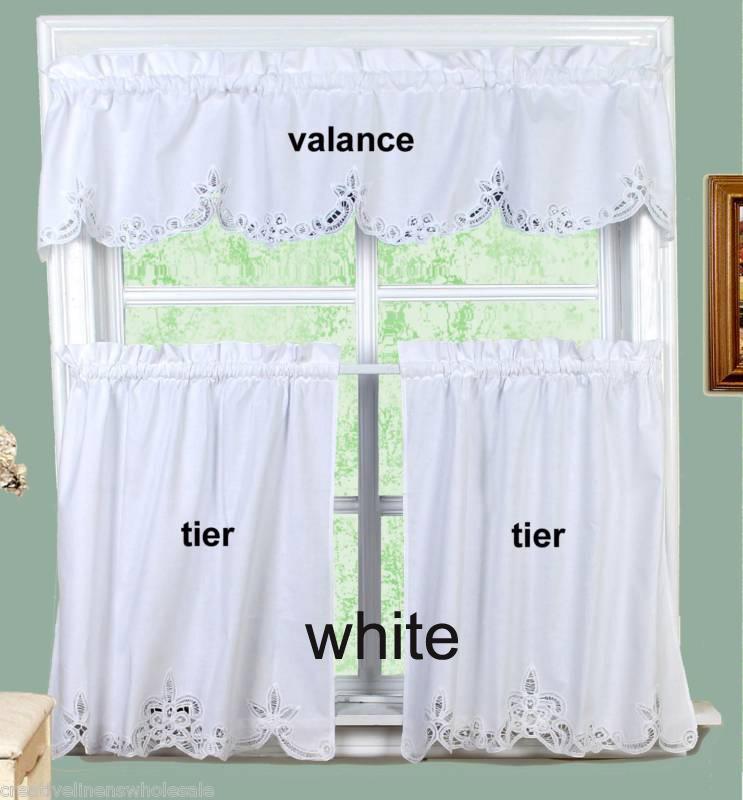 Battenburg Lace Kitchen Curtain Valance & Tiers (24″/30″/36″L) 3PCS Beige, White
