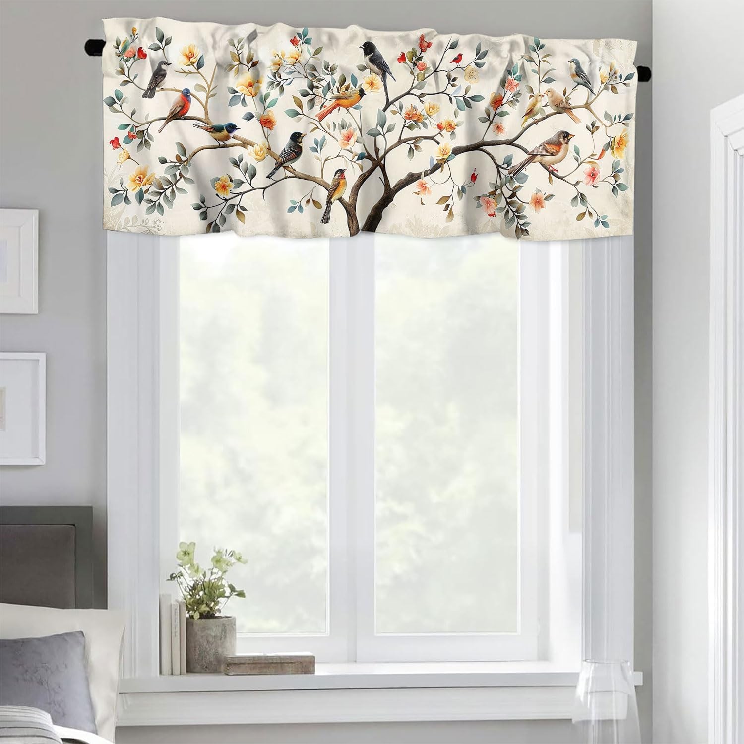 Bird Kitchen Curtain Valances Boho Tree Fallen Leaf Cartoon Beige Rod Pocket
