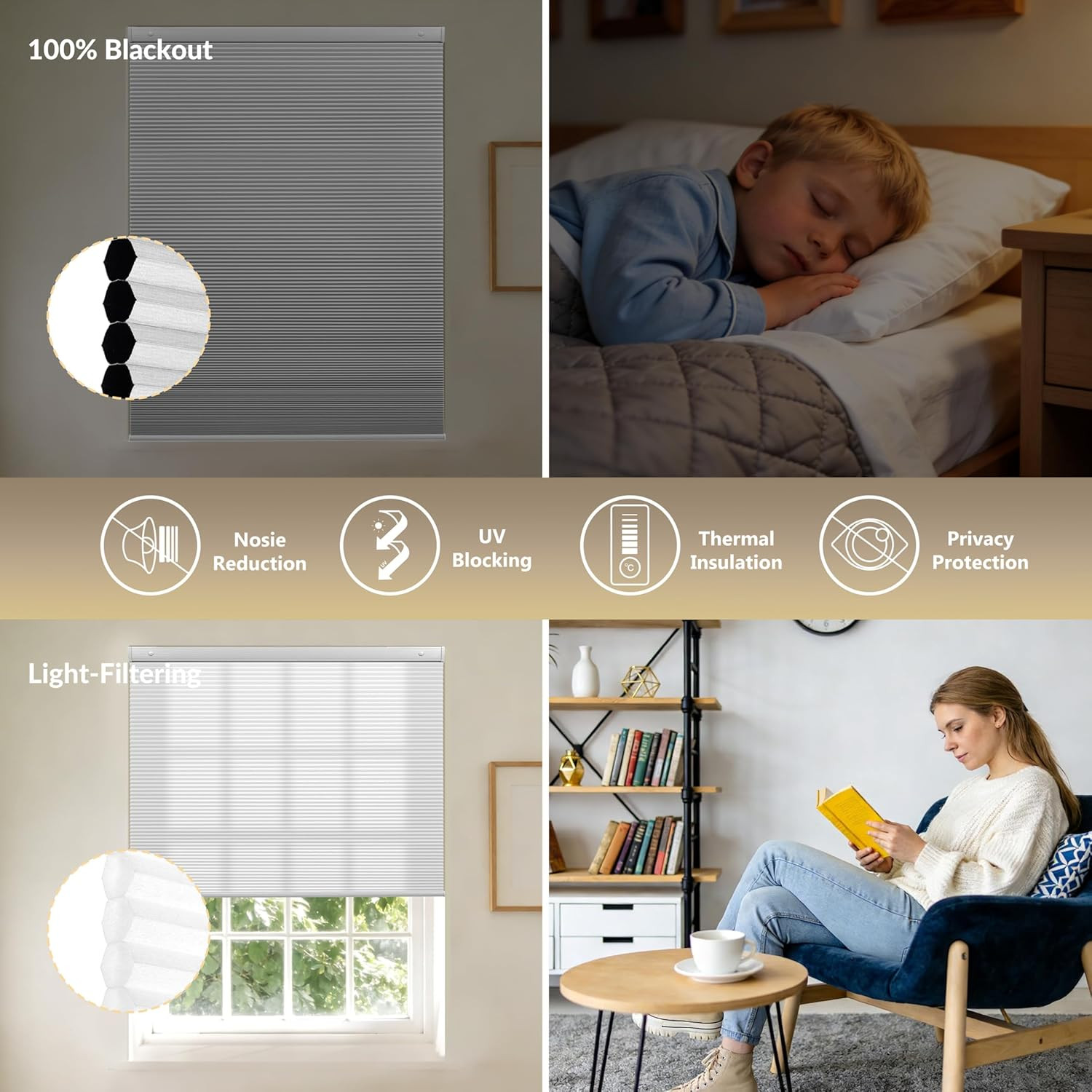 No Drill Cellular Shades for Indoor Windows,Noise Reducing & Thermal Insulating