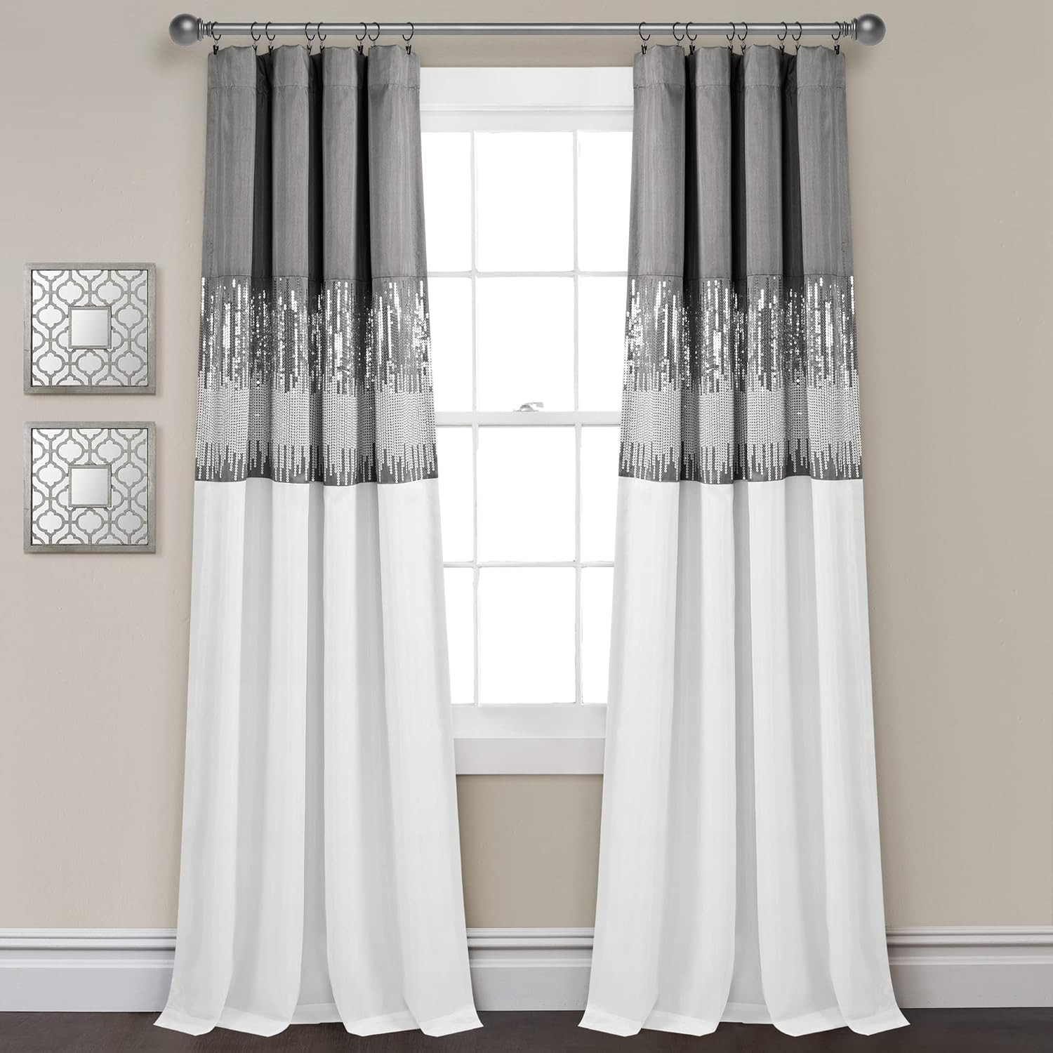 Glam Gray & White Blackout Curtain Panel with Sequins, 42″ W X 84″ L