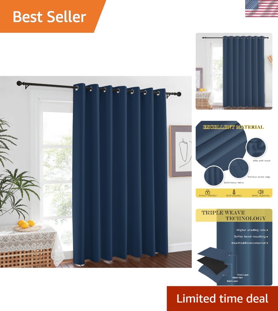 100” Wide Moroccan Blue Blackout Drapes for Patio Doors, Noise-Reducing Design