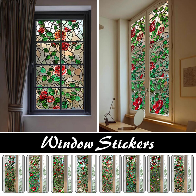 1PC Retro Rose Printed Stained Glass Window Film Self Adhesive Backing Stickers