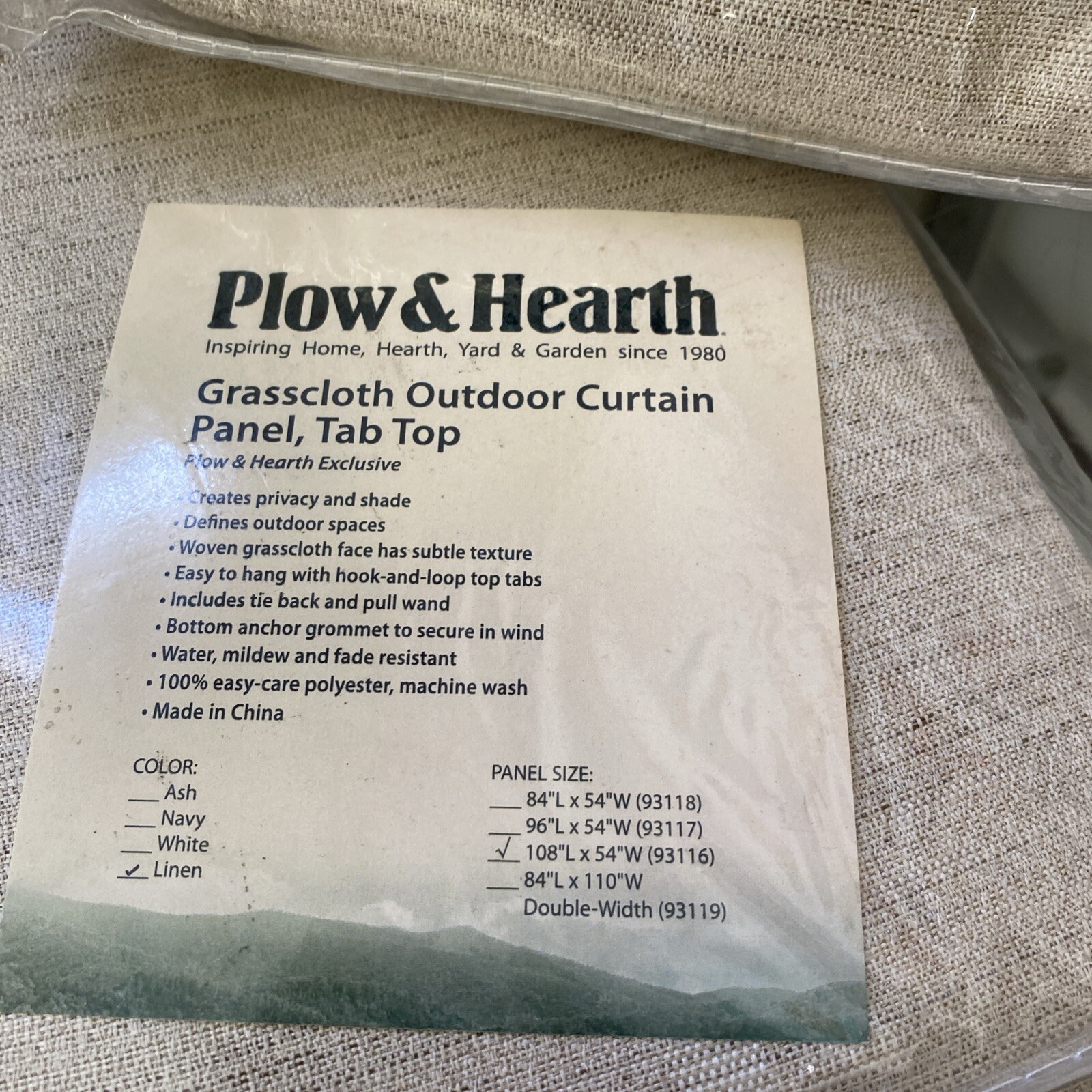 Plow & Hearth Grasscloth Outdoor Curtain Linen Panel with Tab Top, 108L X54” W
