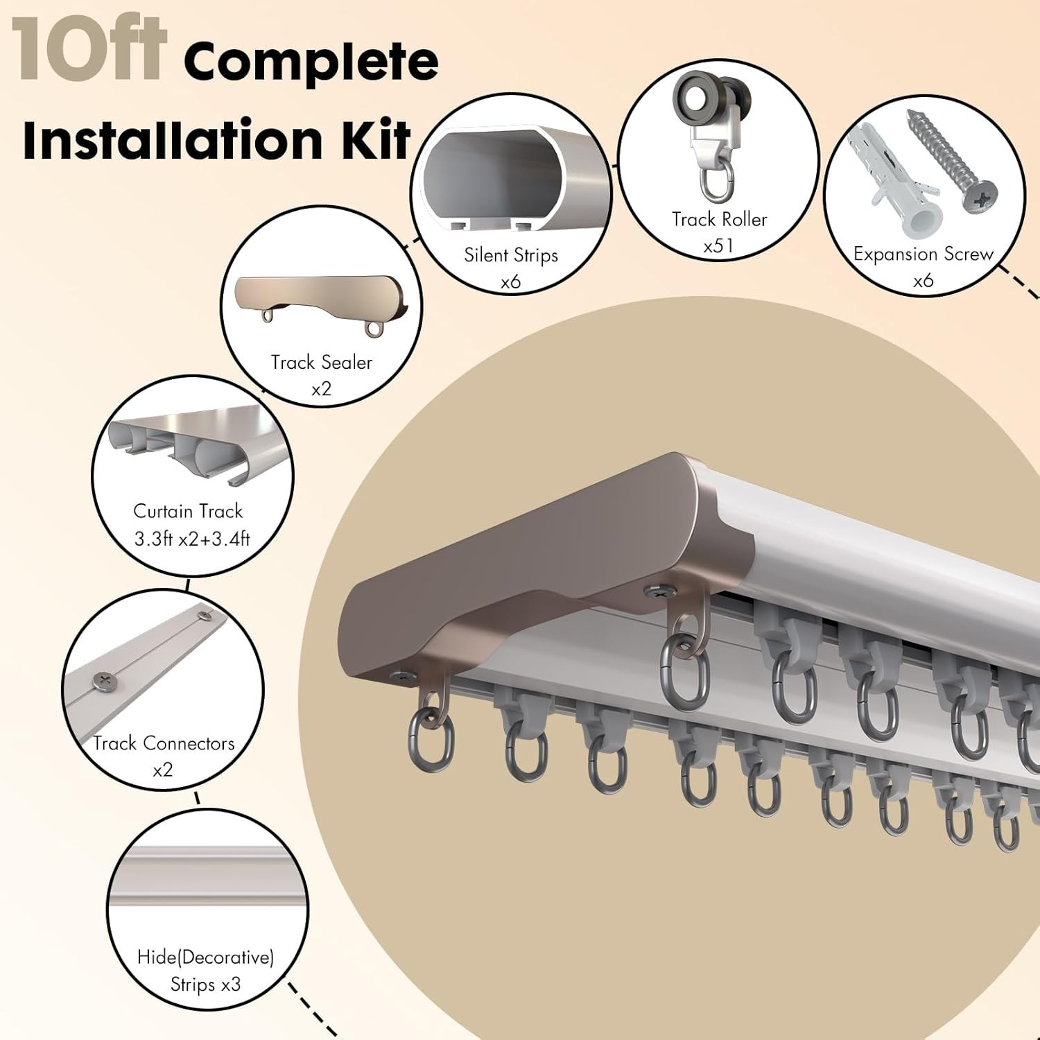 Curtain Track Ceiling Mount Ultra-Quiet Aluminum Rail 10ft Wide Heavy Duty