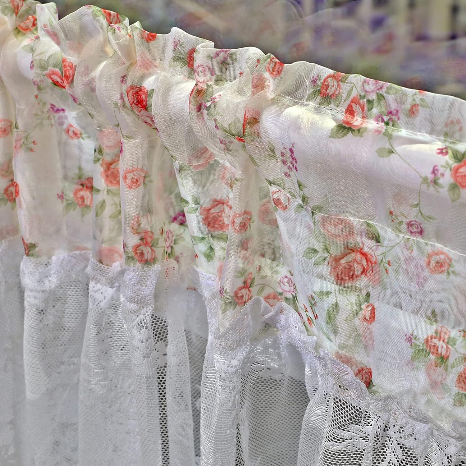 White Floral Rose Lace with Pastoral Flowers Sheer Curtain Valance, 1 Panel