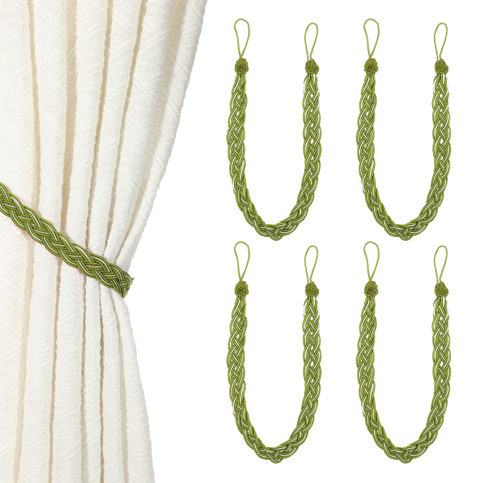 4 Pcs Curtain Tiebacks, 56cm/22″ Braided Drapery Holdback, Olive Green