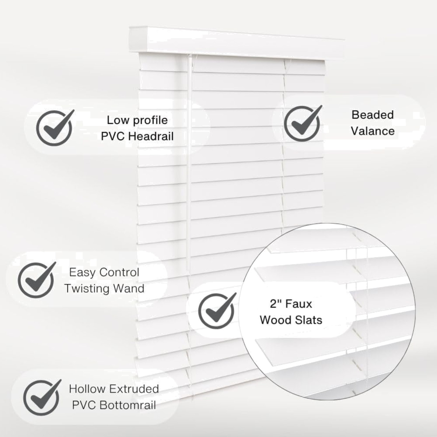 Cordless Faux Wood Blinds, 36″ Wide x 60″ Long, Smooth, Snow White, 2 Inch Ho…