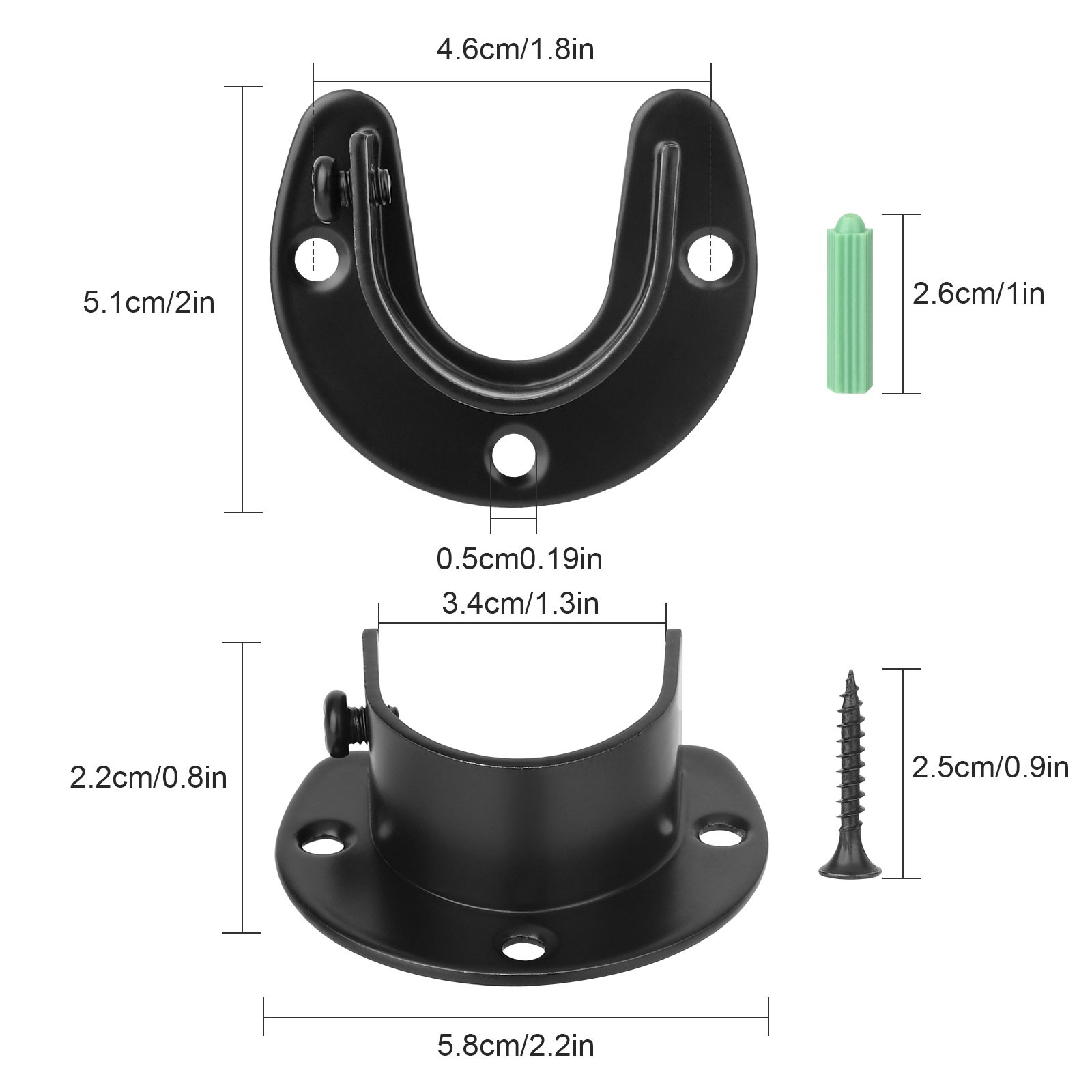 6PCS U Shape Closet Rod Bracket Set – Black Pole Holder with Screws for Wardrobe