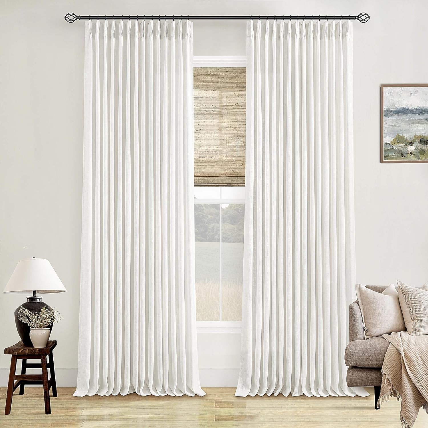 Pinch Pleated Linen Curtains 96 Inch Light Filtering Drapes 2 Panels Neutral