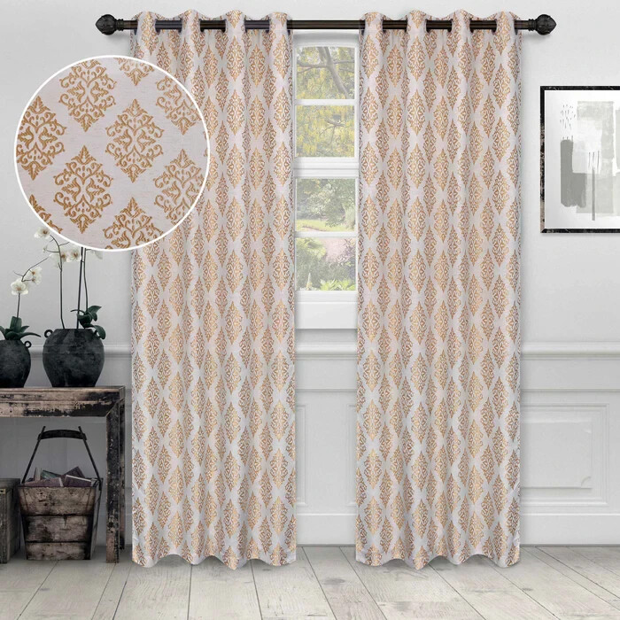 Venetian Damask Linen Embroidered Jacquard Rustic Curtain Panel Set of 2