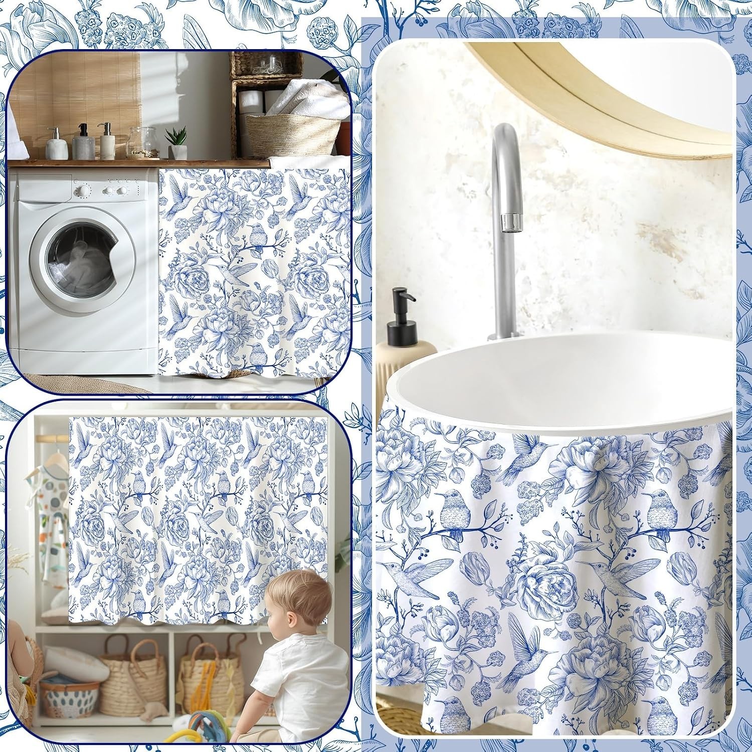 Sophisticated Blue Floral Cabinet Curtain – Easy Install & Washable – 28 x 51 in