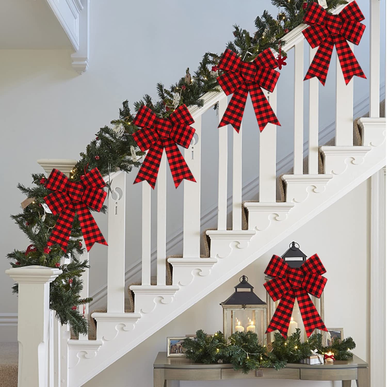 6 PCS Large Red Black Buffalo Plaid Christmas Bows 11×8 Inch Wreath Decor