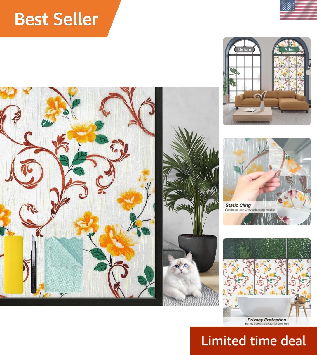 Stained Glass Window Privacy Film – UV Blocking & Easy Installation Kit