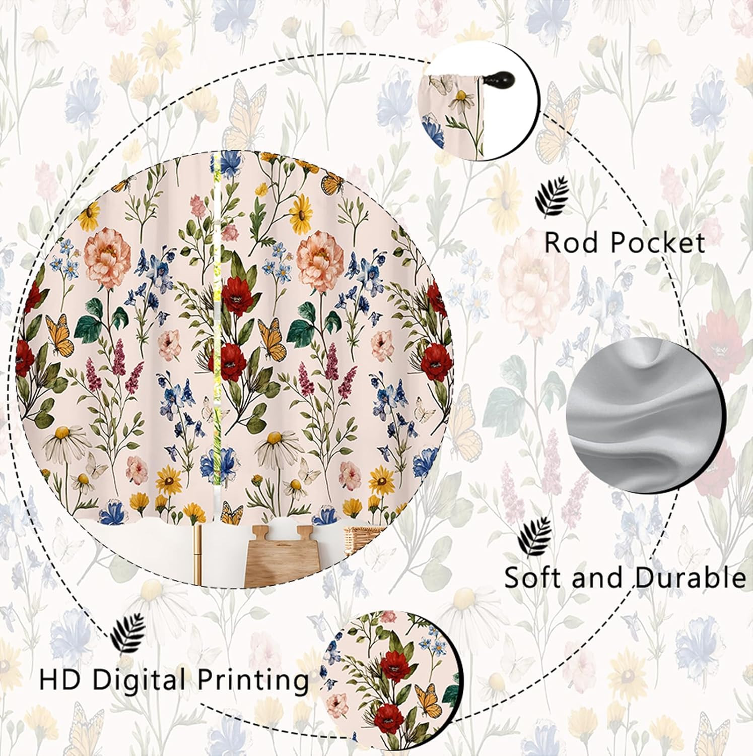 Vintage Floral Kitchen Curtains 27.5W X 39L Inch 2 Panels Farmhouse Flower Cotta