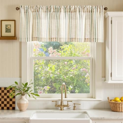 Valance Curtain 50″W x 16″L (Pack of 1) Boxter Stripe | Multi Green on Linen