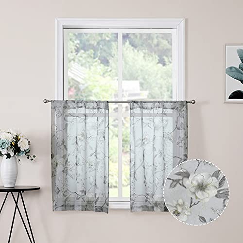 Sheer Tier Curtains Grey Flower Leaf Printed Floral Embroidered Half Window