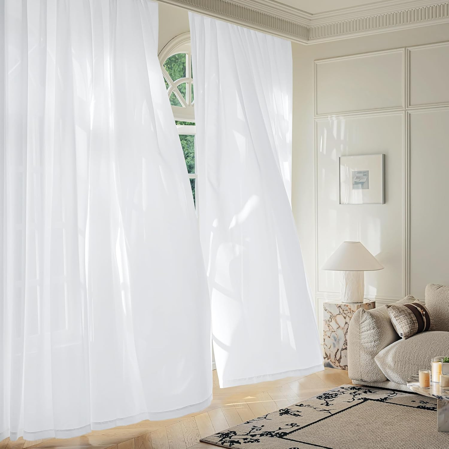 Sheer Non-See-Through White Curtains for Bedroom, Faux Silk That Let Light Curta